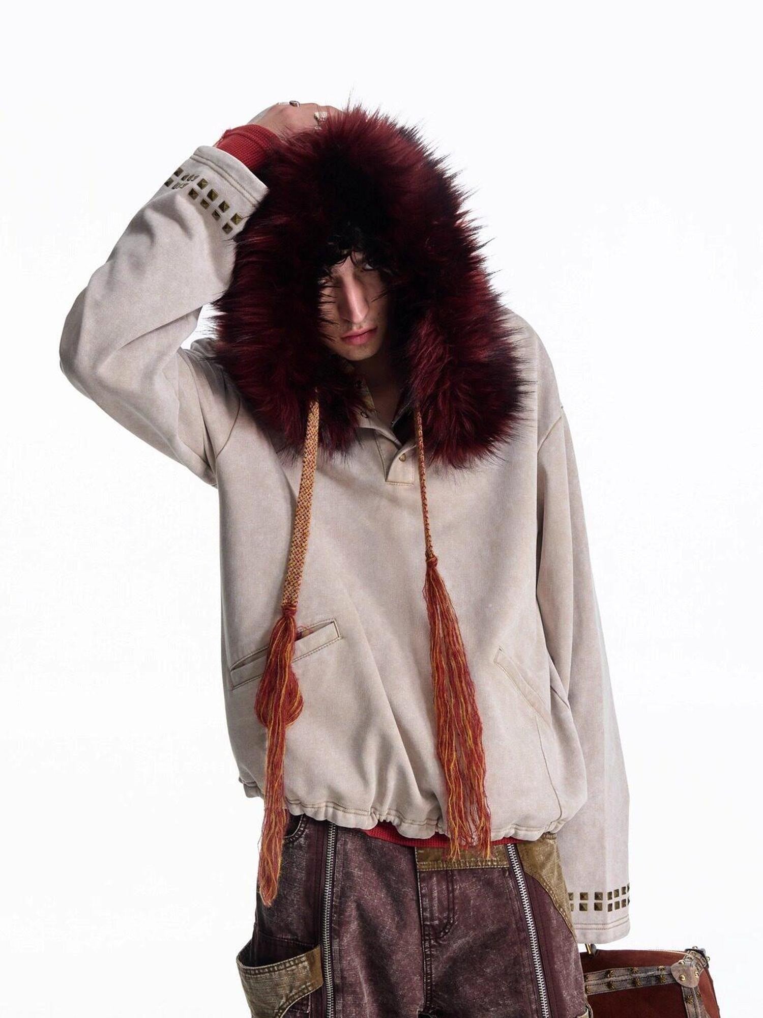EMOBROTHER Apricot Detachable Fur Collar Vintage Print Embroidered Women's Cotton Hoodies