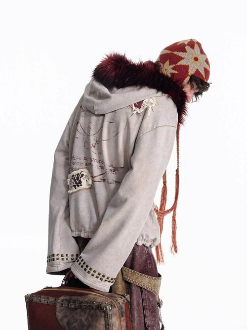 EMOBROTHER Apricot Detachable Fur Collar Vintage Print Embroidered Women's Cotton Hoodies