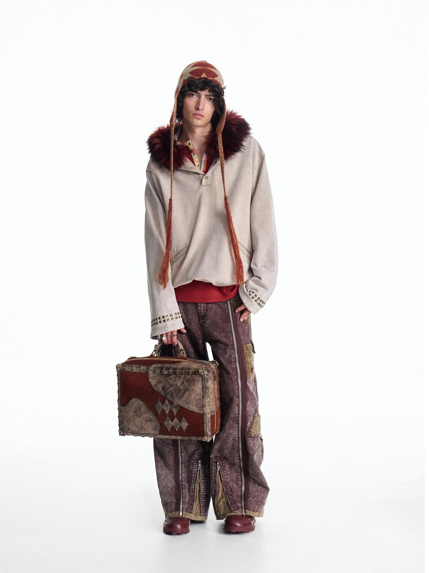 EMOBROTHER Apricot Detachable Fur Collar Vintage Print Embroidered Women's Cotton Hoodies