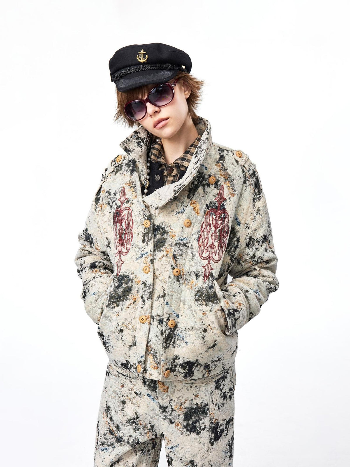 EMOBROTHER Asymmetric Button Embroidered Chenille Marble Texture Women's Jackets
