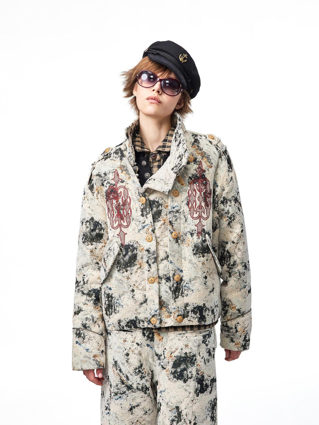 EMOBROTHER Asymmetric Button Embroidered Chenille Marble Texture Women's Jackets