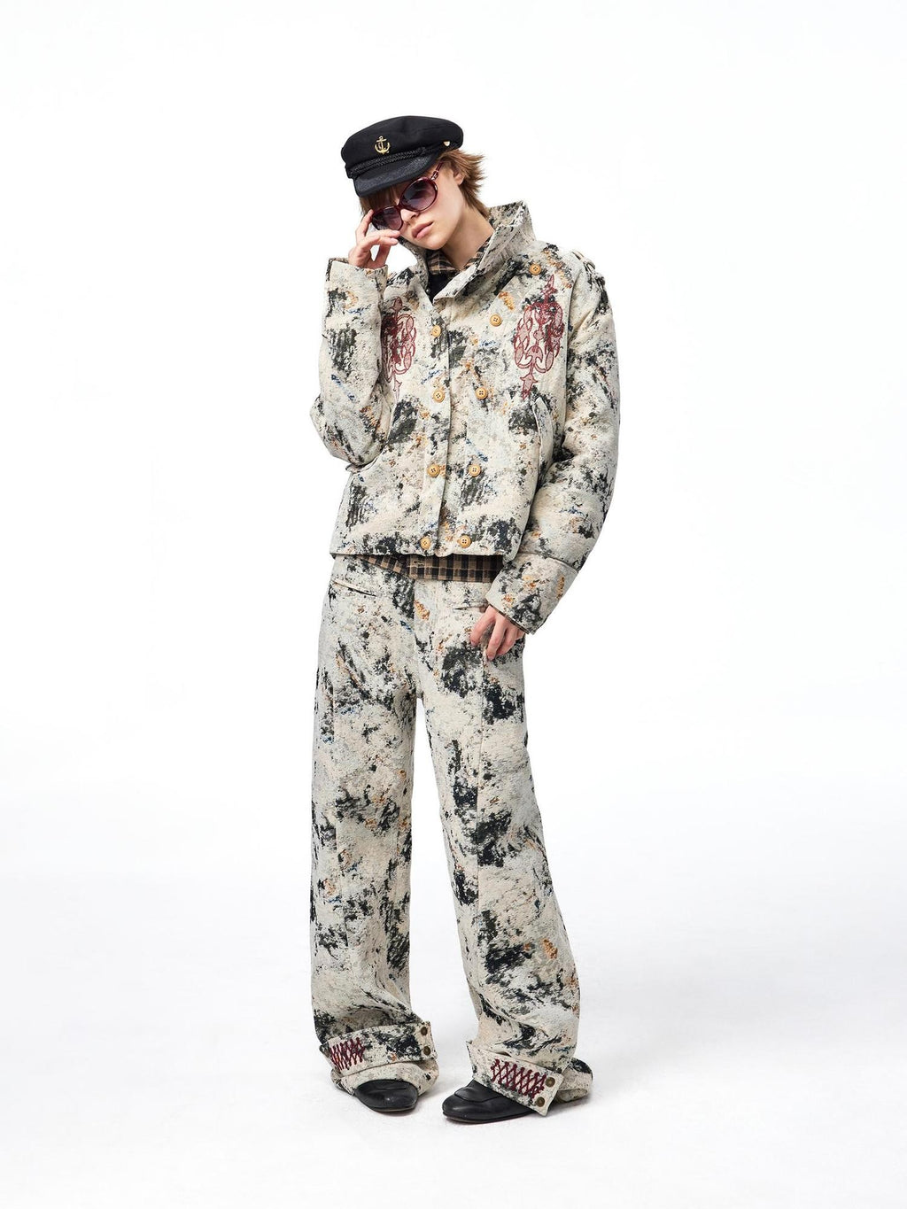 EMOBROTHER Asymmetric Button Embroidered Chenille Marble Texture Women's Jackets