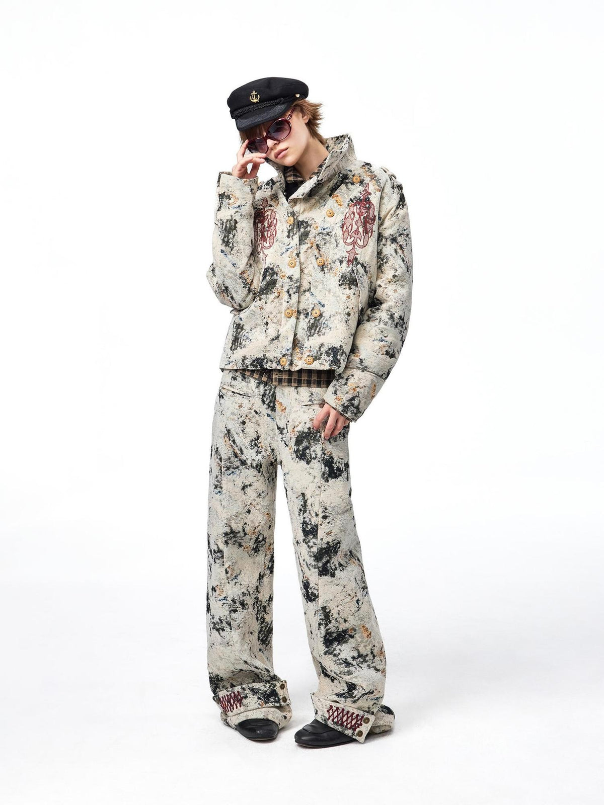 EMOBROTHER Asymmetric Button Embroidered Chenille Marble Texture Women's Jackets
