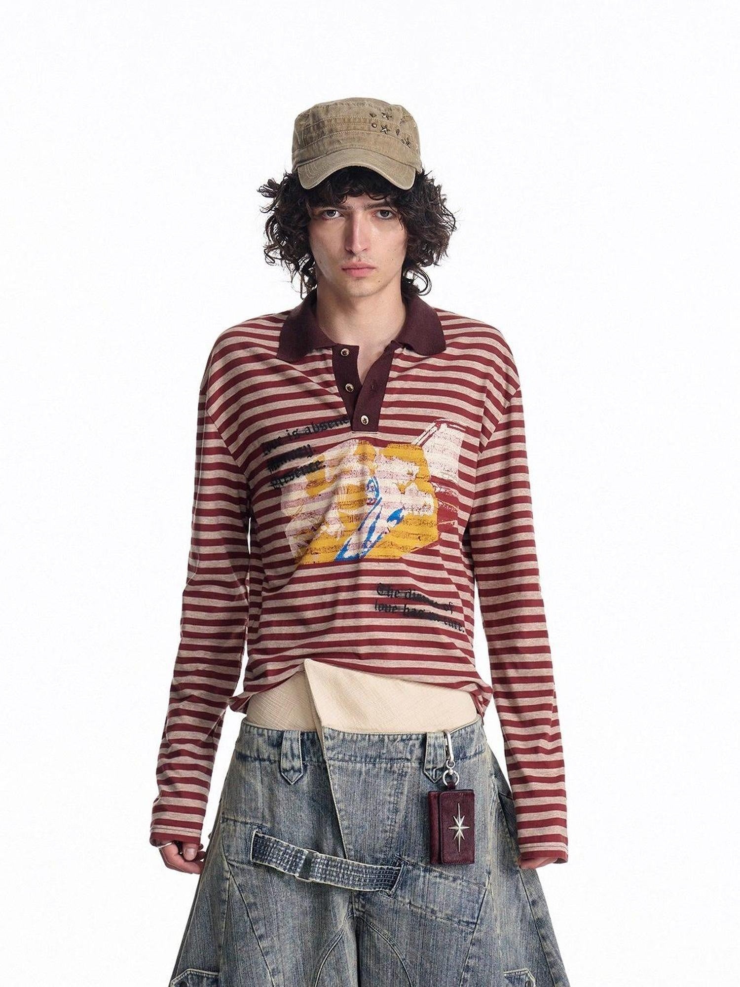 EMOBROTHER Breathable 100% Cotton Slim Fit Unisex Striped Print Collar Long Sleeve T-Shirts