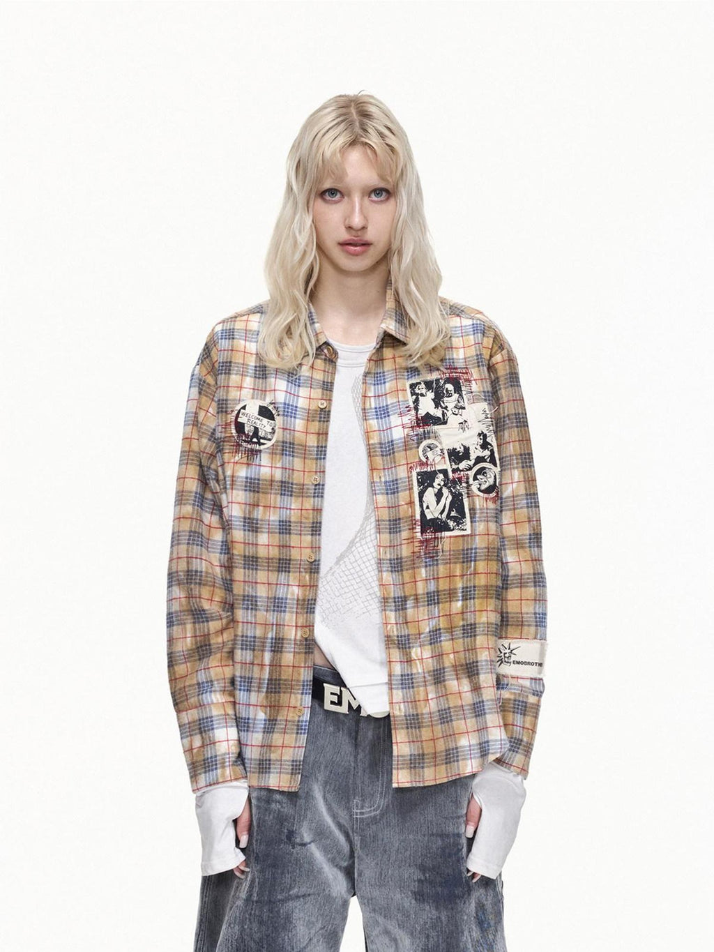 EMOBROTHER Breathable Embroidered Asymmetrical Oversized Plaid Rock Cardigan Unisex Shirts