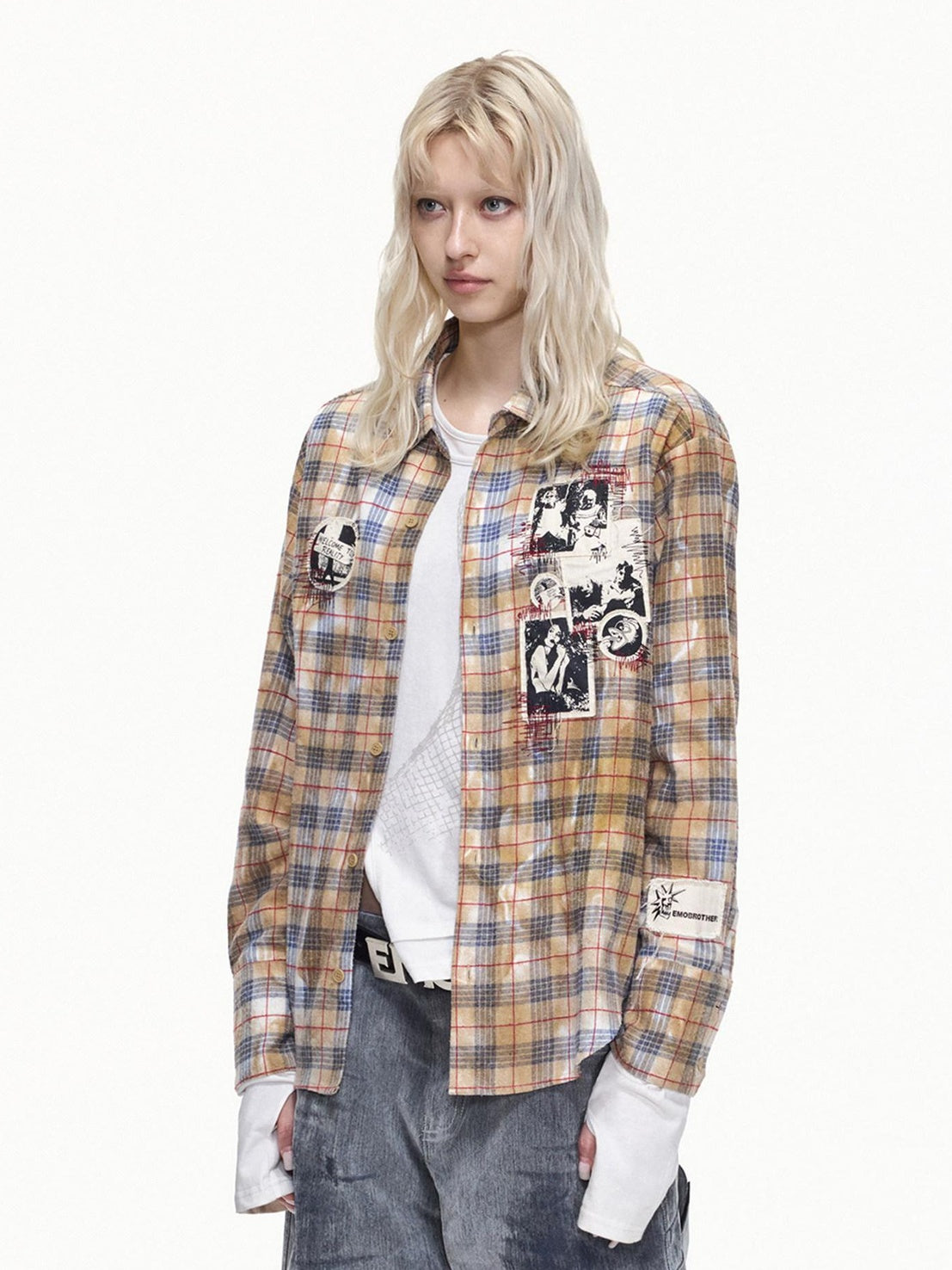 EMOBROTHER Breathable Embroidered Asymmetrical Oversized Plaid Rock Cardigan Unisex Shirts