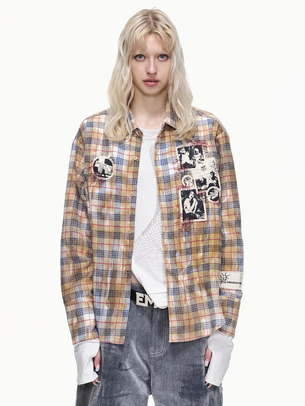 EMOBROTHER Breathable Embroidered Asymmetrical Oversized Plaid Rock Cardigan Unisex Shirts