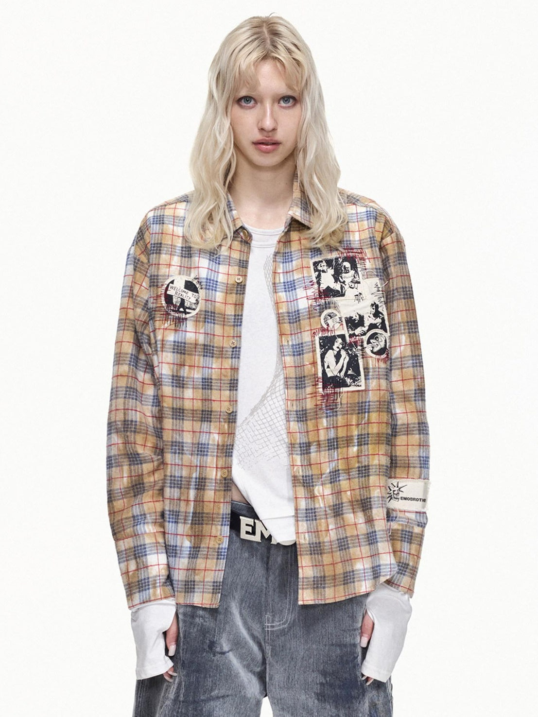 EMOBROTHER Breathable Embroidered Asymmetrical Oversized Plaid Rock Cardigan Unisex Shirts