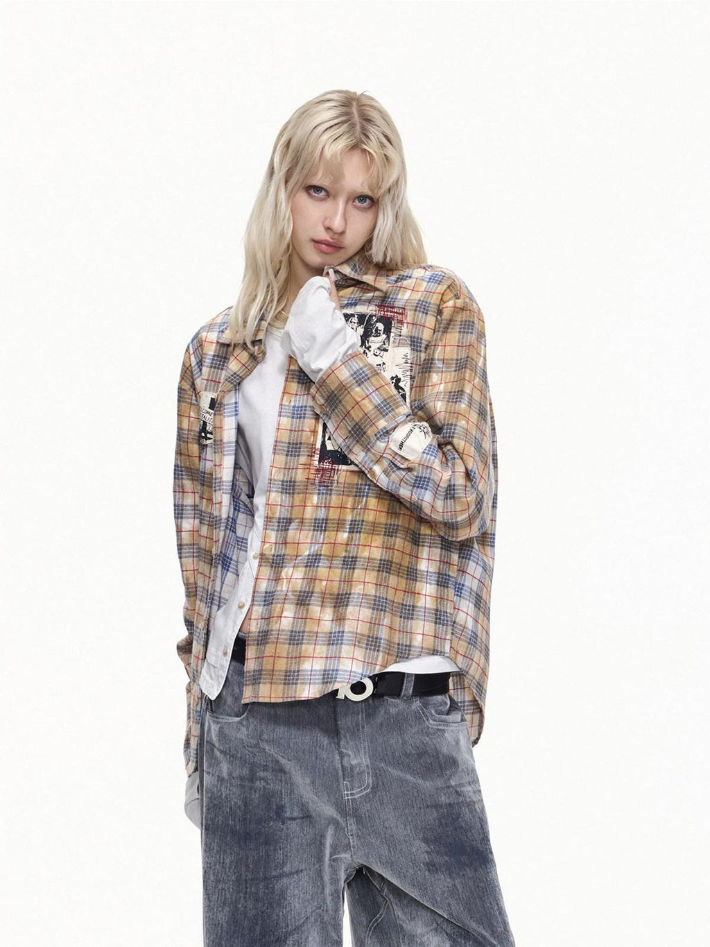 EMOBROTHER Breathable Embroidered Asymmetrical Oversized Plaid Rock Cardigan Unisex Shirts