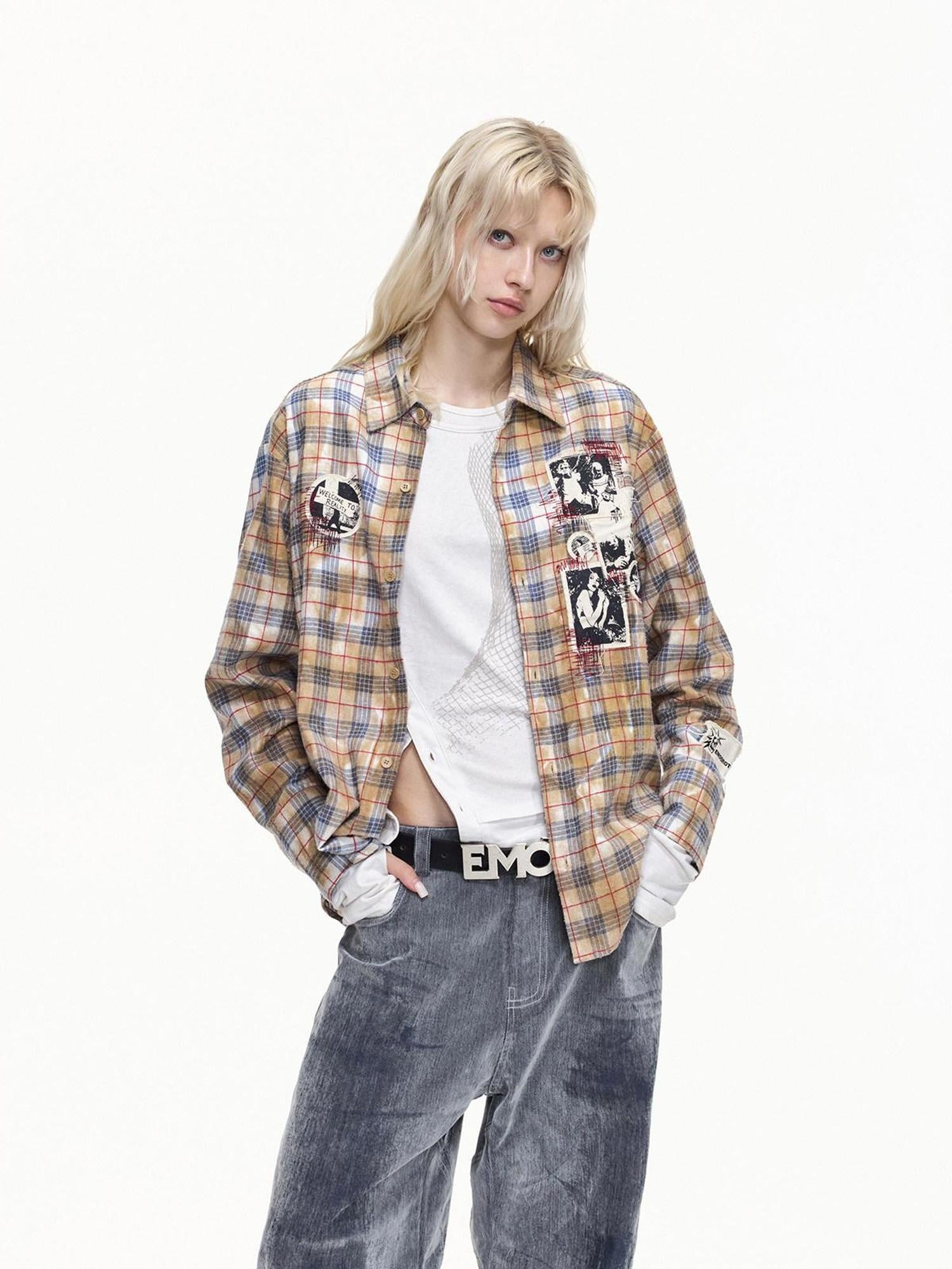 EMOBROTHER Breathable Embroidered Asymmetrical Oversized Plaid Rock Cardigan Unisex Shirts