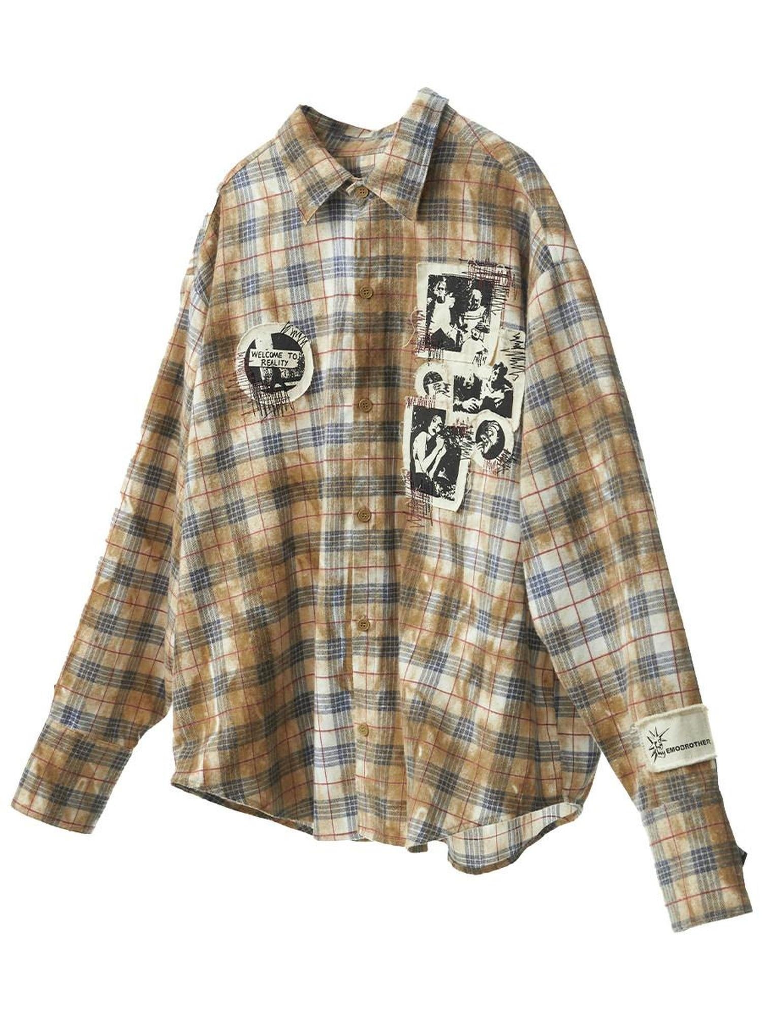 EMOBROTHER Breathable Embroidered Asymmetrical Oversized Plaid Rock Cardigan Unisex Shirts
