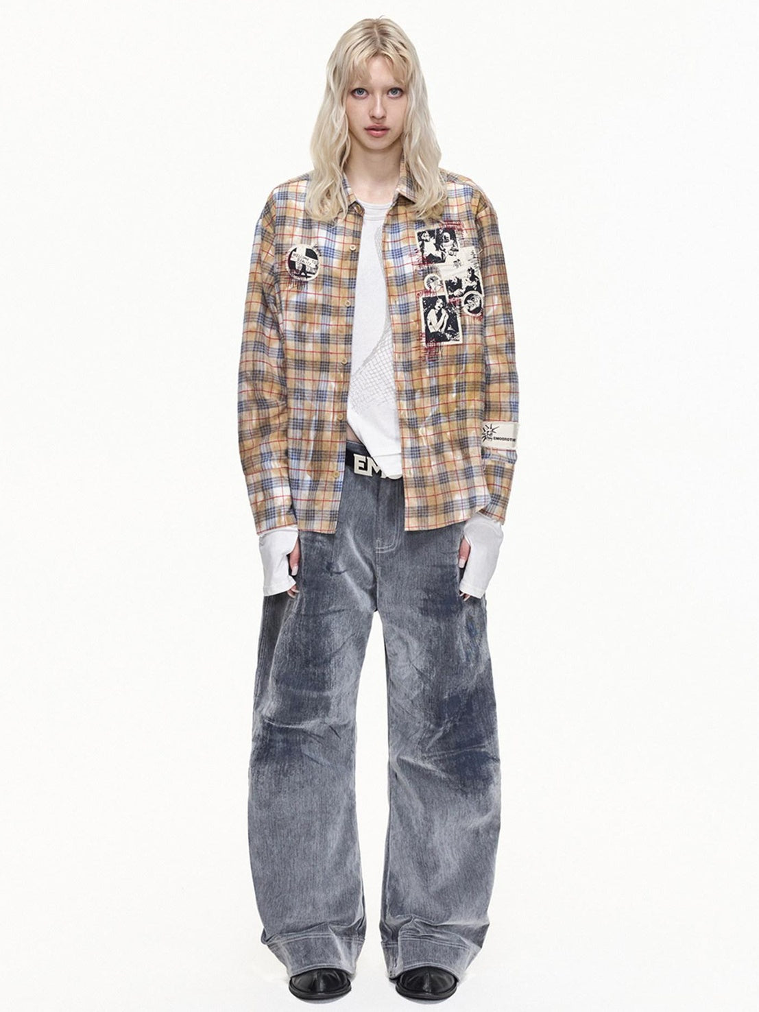 EMOBROTHER Breathable Embroidered Asymmetrical Oversized Plaid Rock Cardigan Unisex Shirts