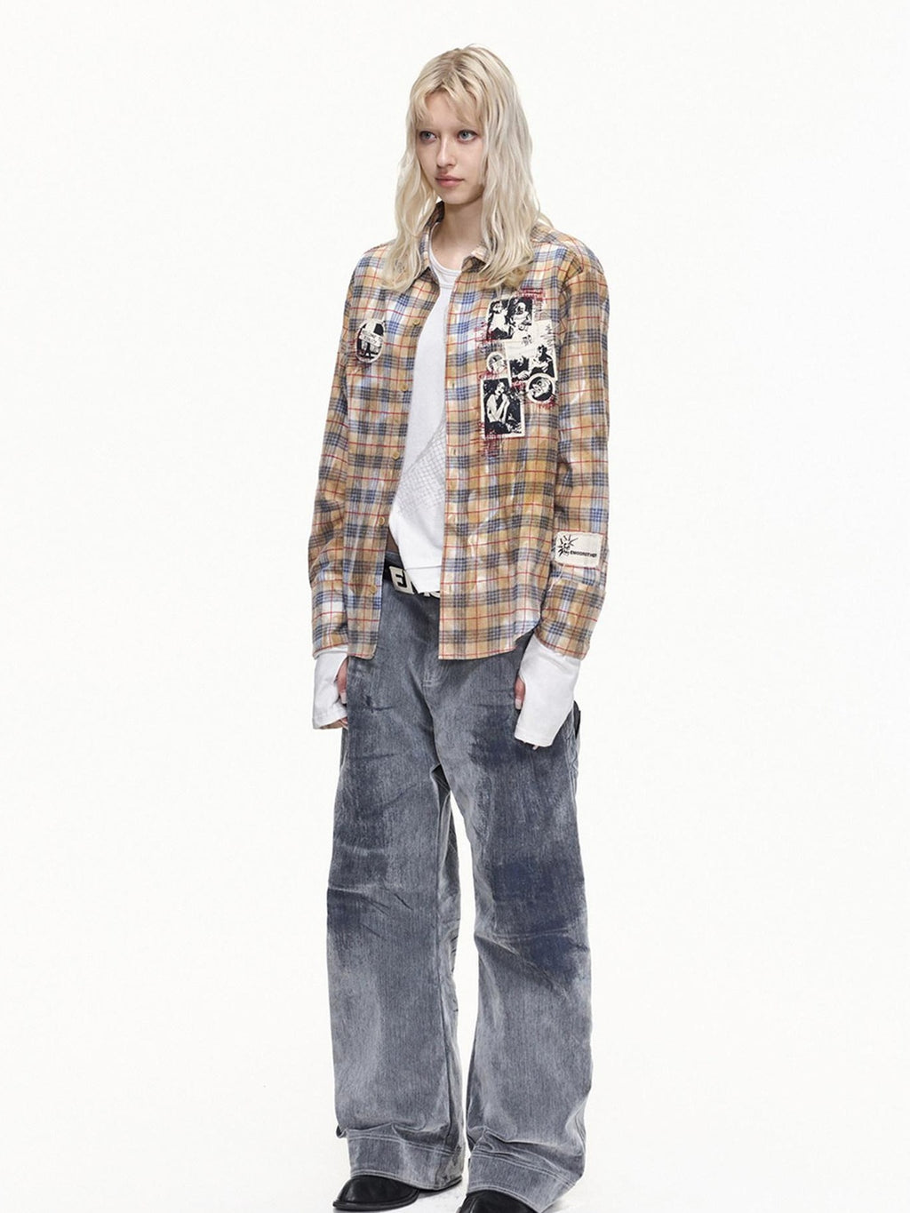 EMOBROTHER Breathable Embroidered Asymmetrical Oversized Plaid Rock Cardigan Unisex Shirts