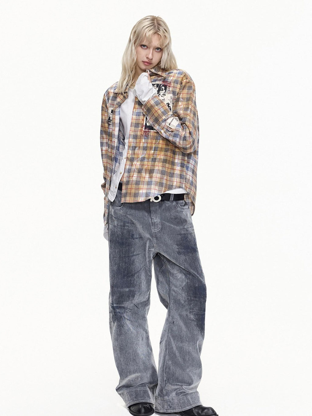 EMOBROTHER Breathable Embroidered Asymmetrical Oversized Plaid Rock Cardigan Unisex Shirts