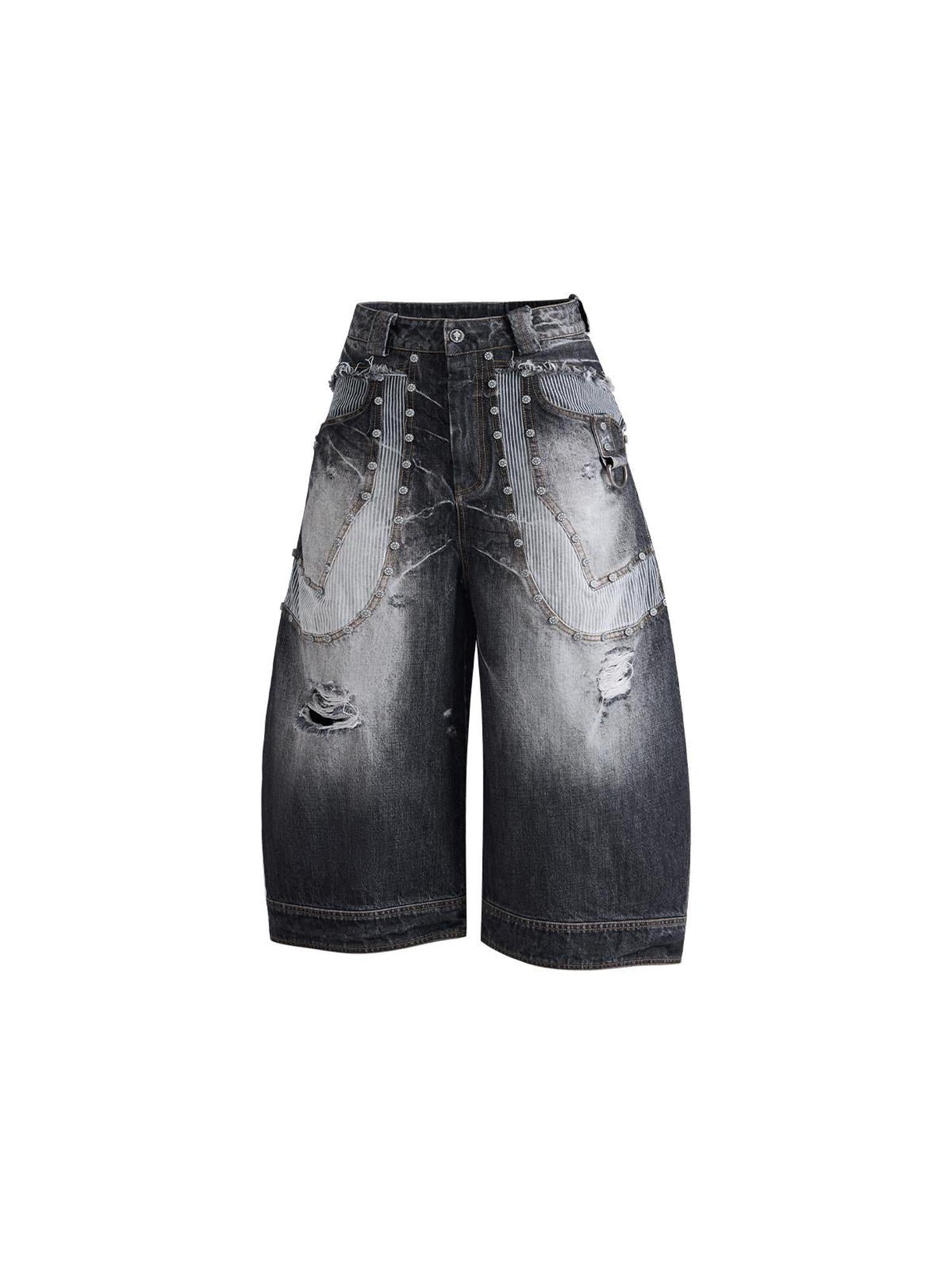 EMOBROTHER Breathable Ripped Mid Rise Embroidered Cotton Blend Loose Black Wide-Leg Jeans