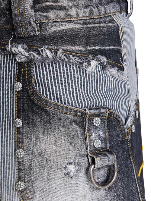 EMOBROTHER Breathable Ripped Mid Rise Embroidered Cotton Blend Loose Black Wide-Leg Jeans