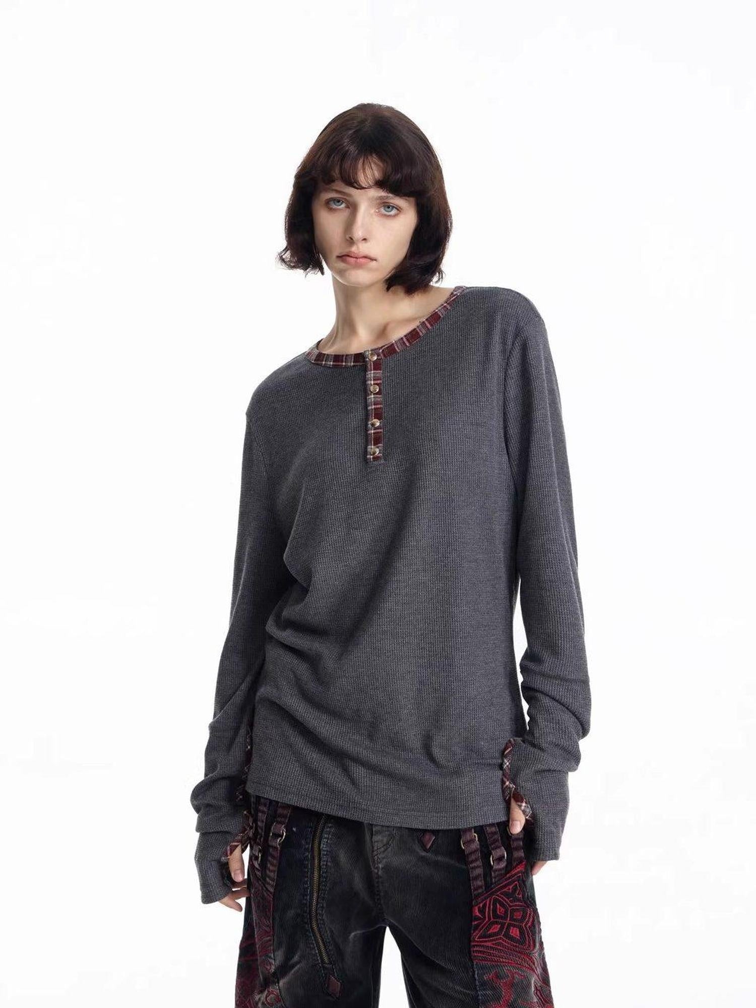 EMOBROTHER Breathable Slim Fit Henley Waffle Print Unisex Casual Long Sleeve T-Shirts