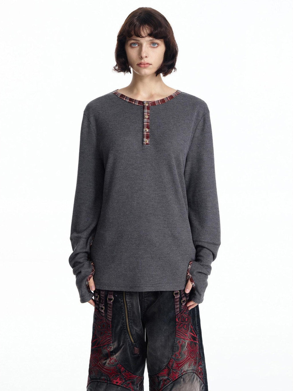 EMOBROTHER Breathable Slim Fit Henley Waffle Print Unisex Casual Long Sleeve T-Shirts