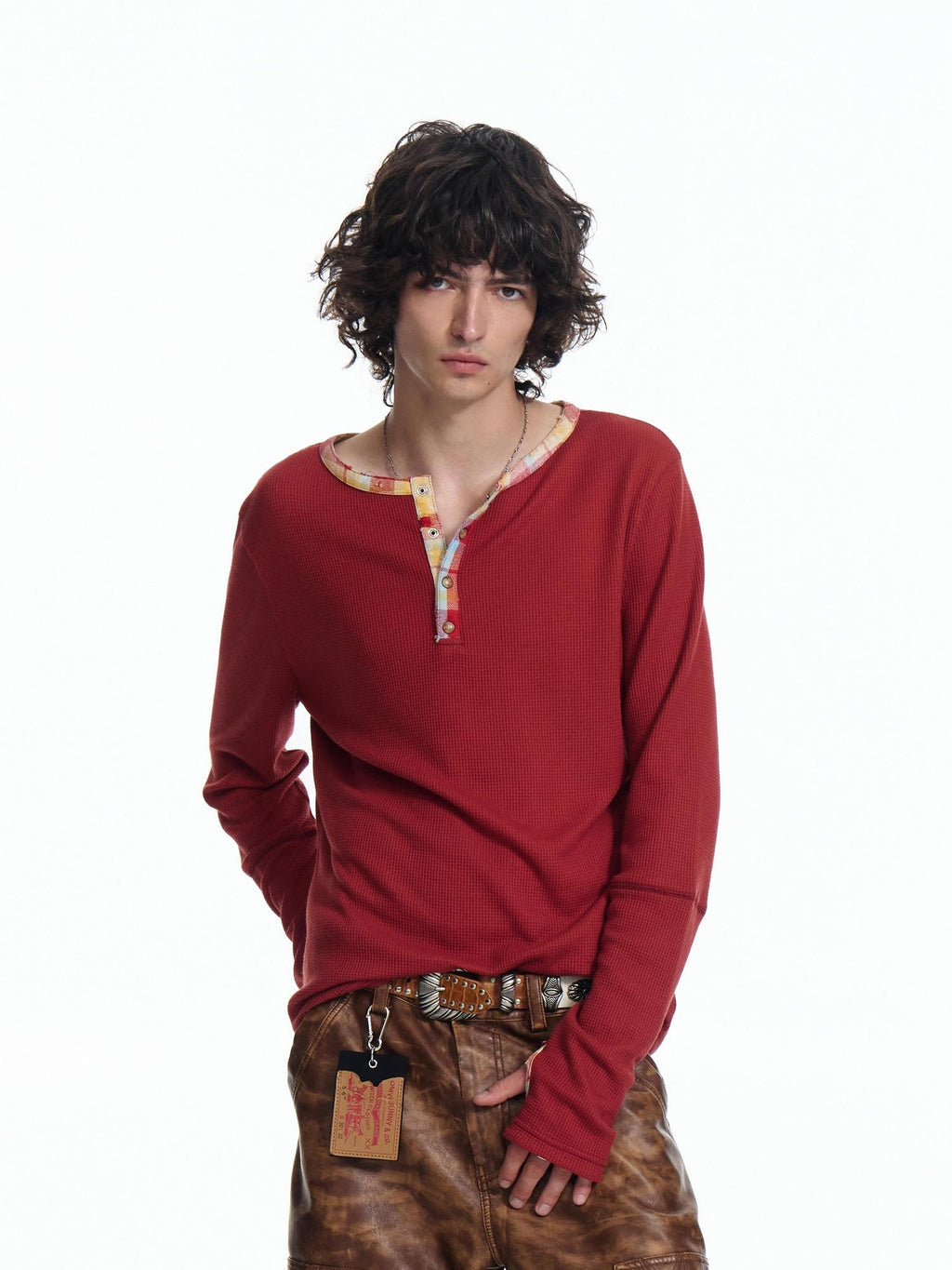 EMOBROTHER Breathable Slim Fit Henley Waffle Print Unisex Casual Long Sleeve T-Shirts