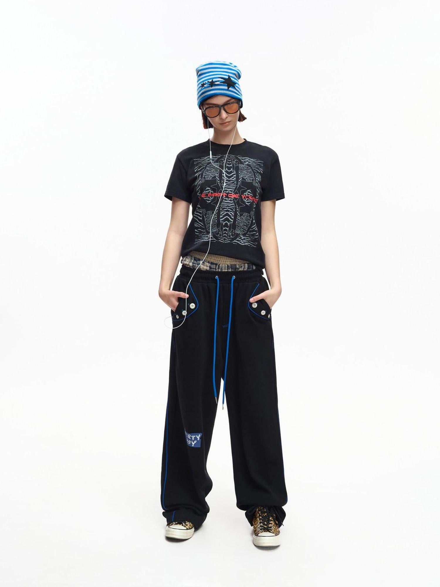 EMOBROTHER Contrast Patch Embroidery Multi Pocket Drawstring Women's Cotton Wide-leg Pants