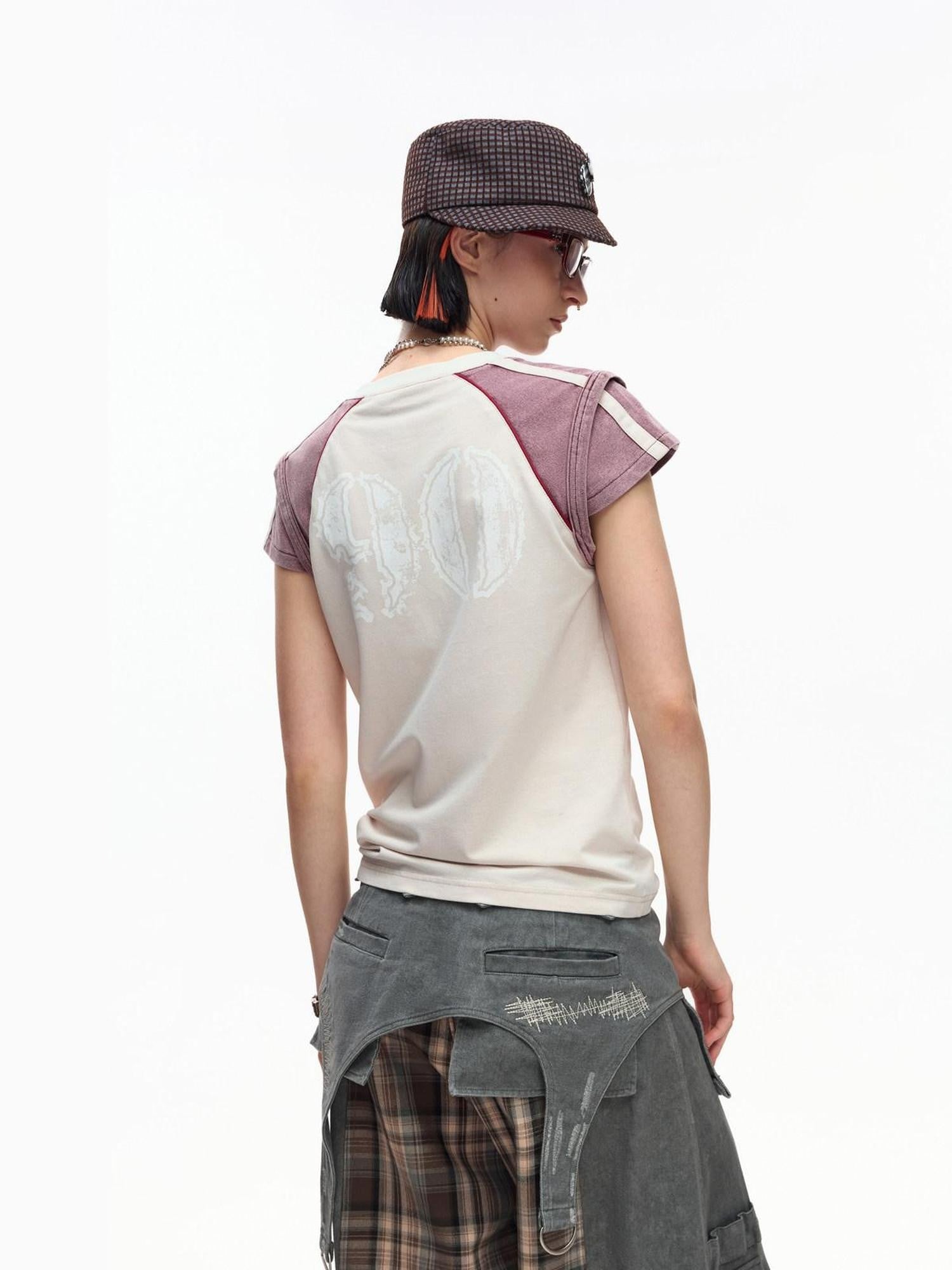 EMOBROTHER Contrast Print Soccer Flutter Raglan Slim Faded Women's Short Sleeve T-shirts