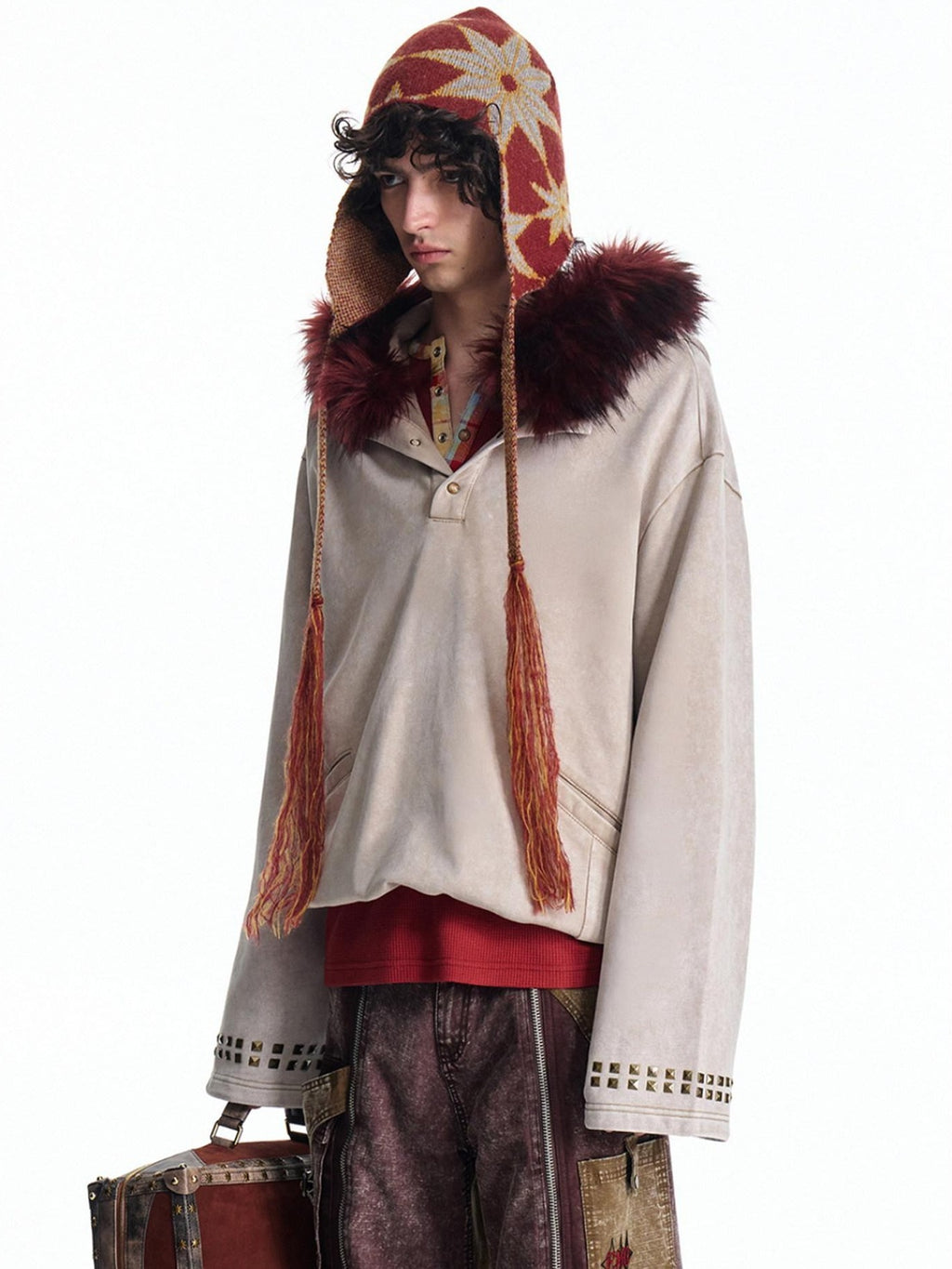 EMOBROTHER Cozy Soft Cotton Relaxed Fit Fur Collar Unisex Casual Embroidered Hooded Hoodies