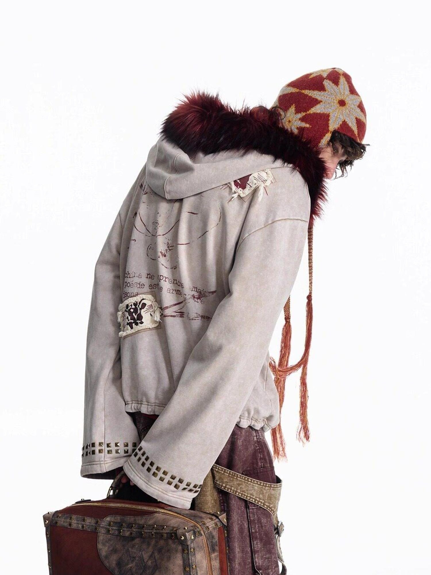 EMOBROTHER Cozy Soft Cotton Relaxed Fit Fur Collar Unisex Casual Embroidered Hooded Hoodies