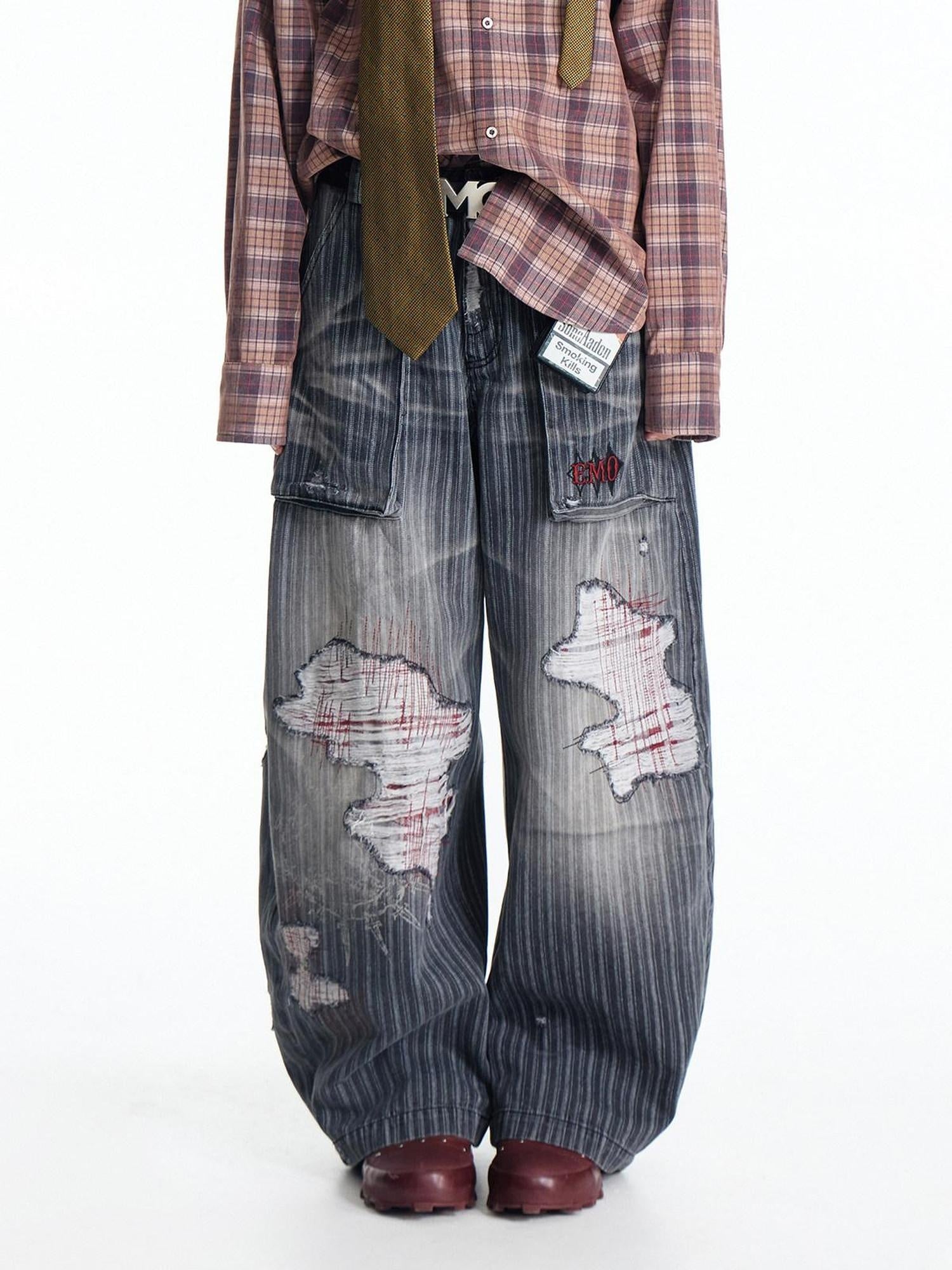 EMOBROTHER Distressed Mid Rise Relaxed Cotton Blend Grey Geometric Commute Wide-Leg Jeans