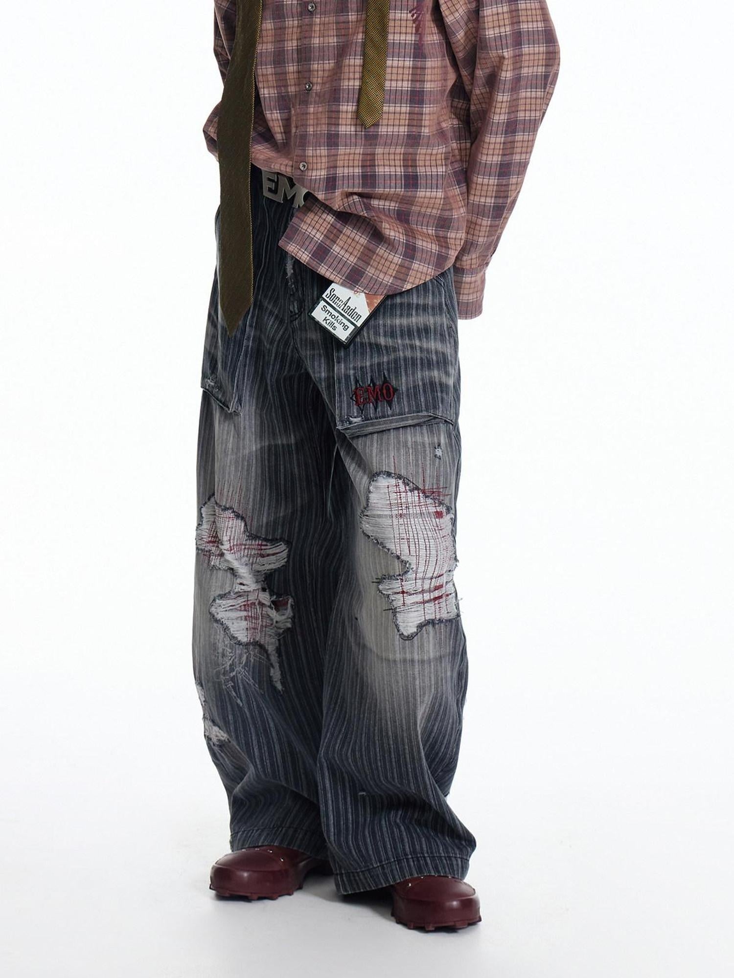EMOBROTHER Distressed Mid Rise Relaxed Cotton Blend Grey Geometric Commute Wide-Leg Jeans