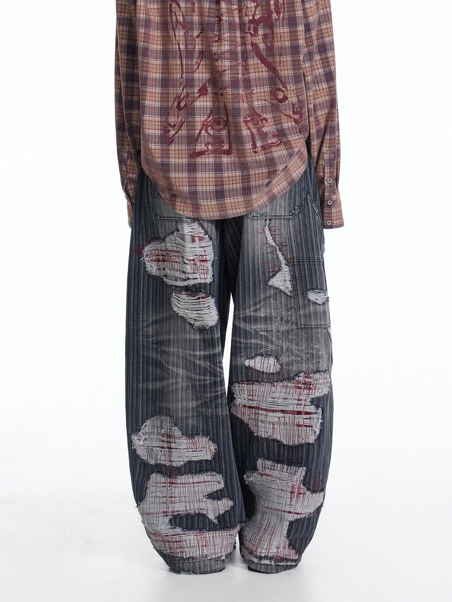 EMOBROTHER Distressed Mid Rise Relaxed Cotton Blend Grey Geometric Commute Wide-Leg Jeans
