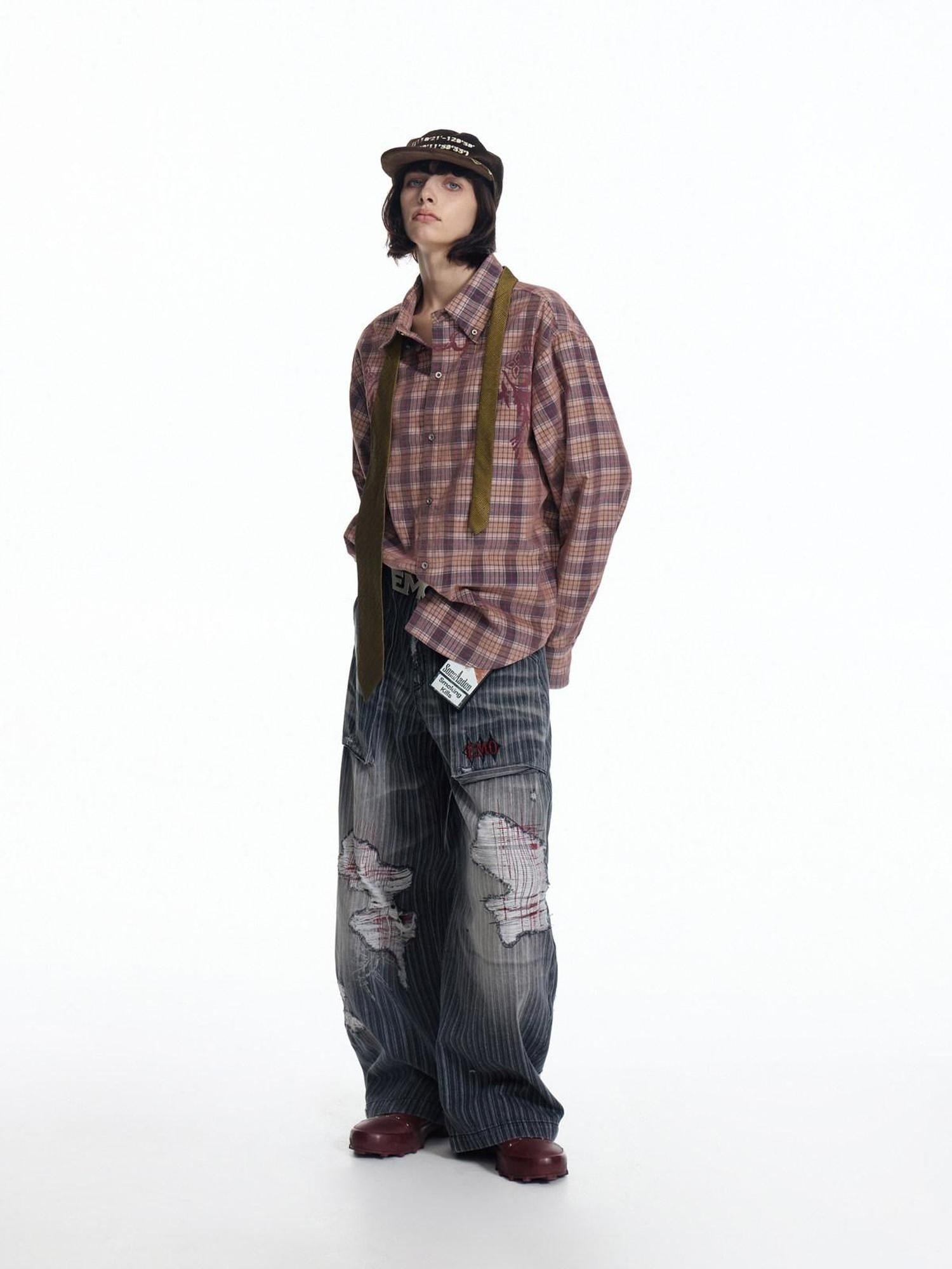 EMOBROTHER Distressed Mid Rise Relaxed Cotton Blend Grey Geometric Commute Wide-Leg Jeans