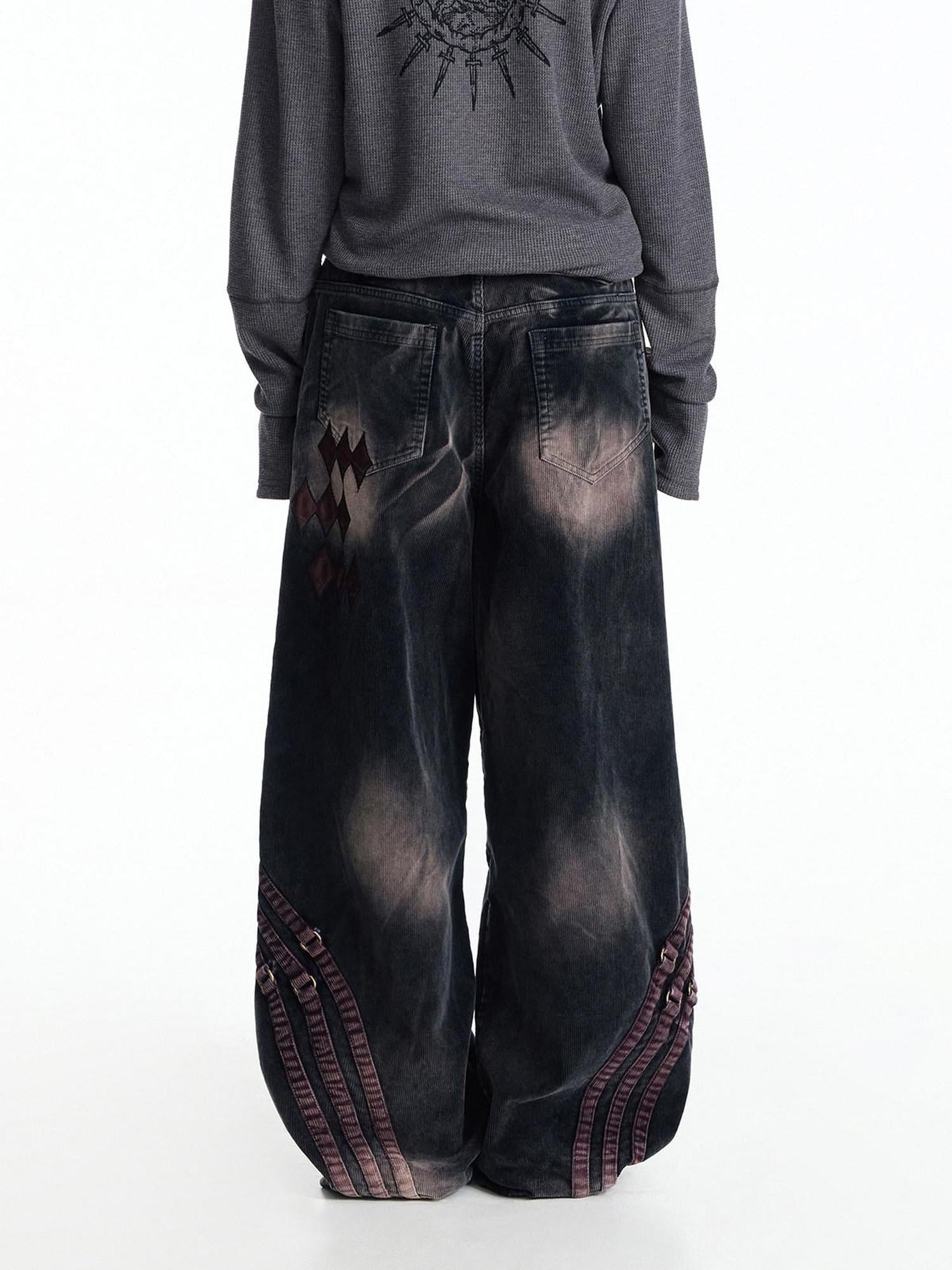 EMOBROTHER Durable Cotton Mid Rise Loose Fit Youth Embroidered Pocket Black Straight Jeans