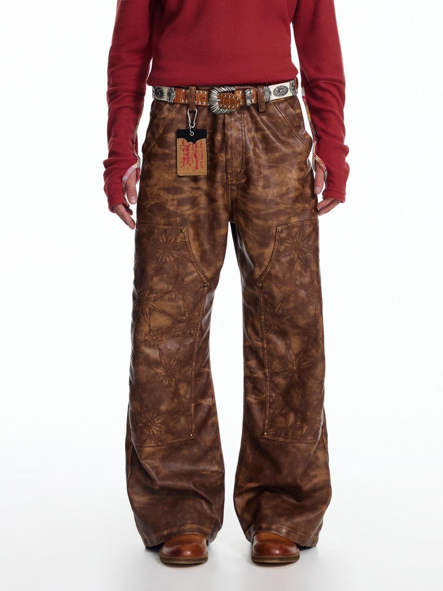 EMOBROTHER Durable Embroidered Gradient Wide Leg Urban Casual Youth Pu Leather Pants
