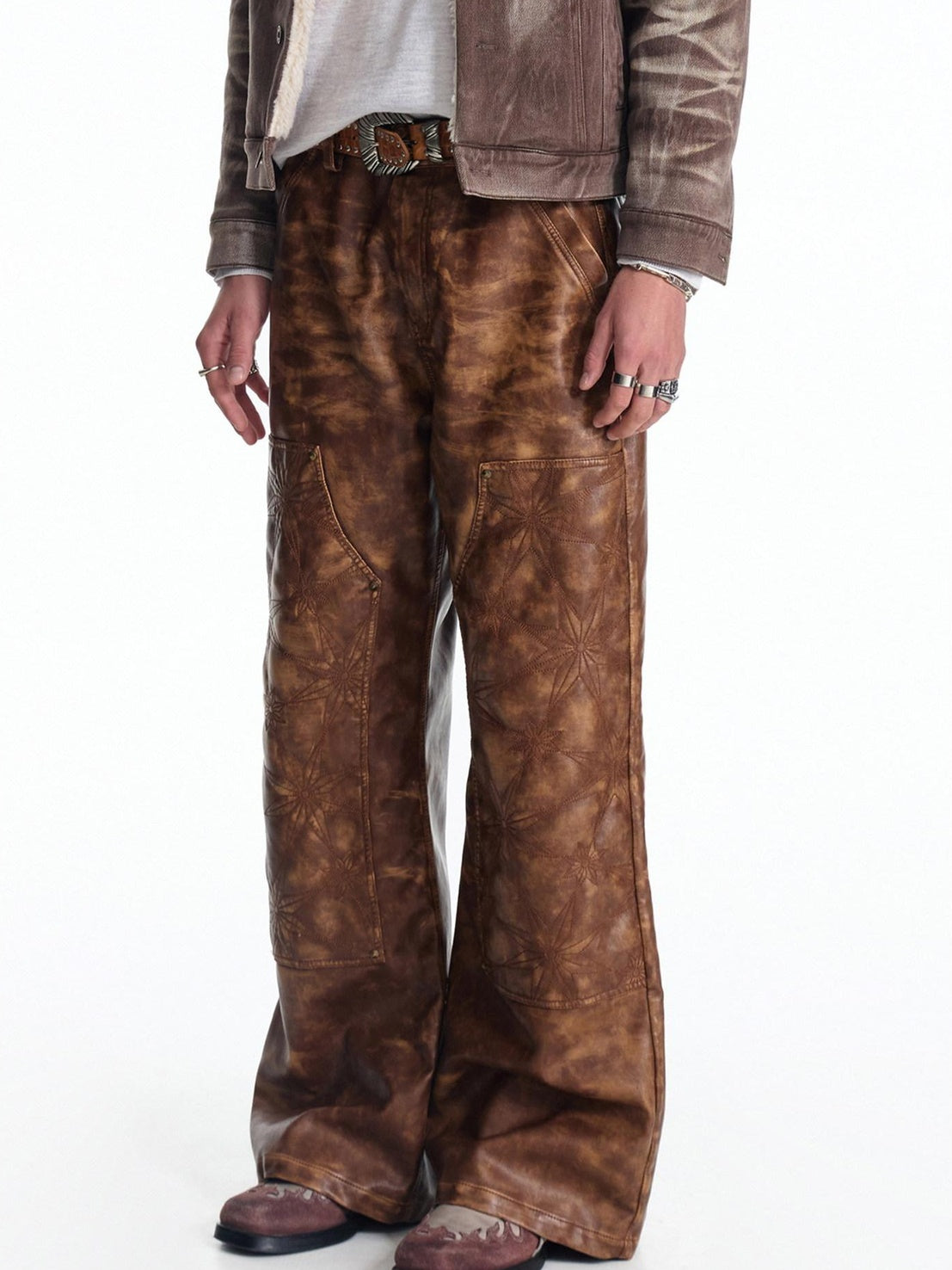 EMOBROTHER Durable Embroidered Gradient Wide Leg Urban Casual Youth Pu Leather Pants