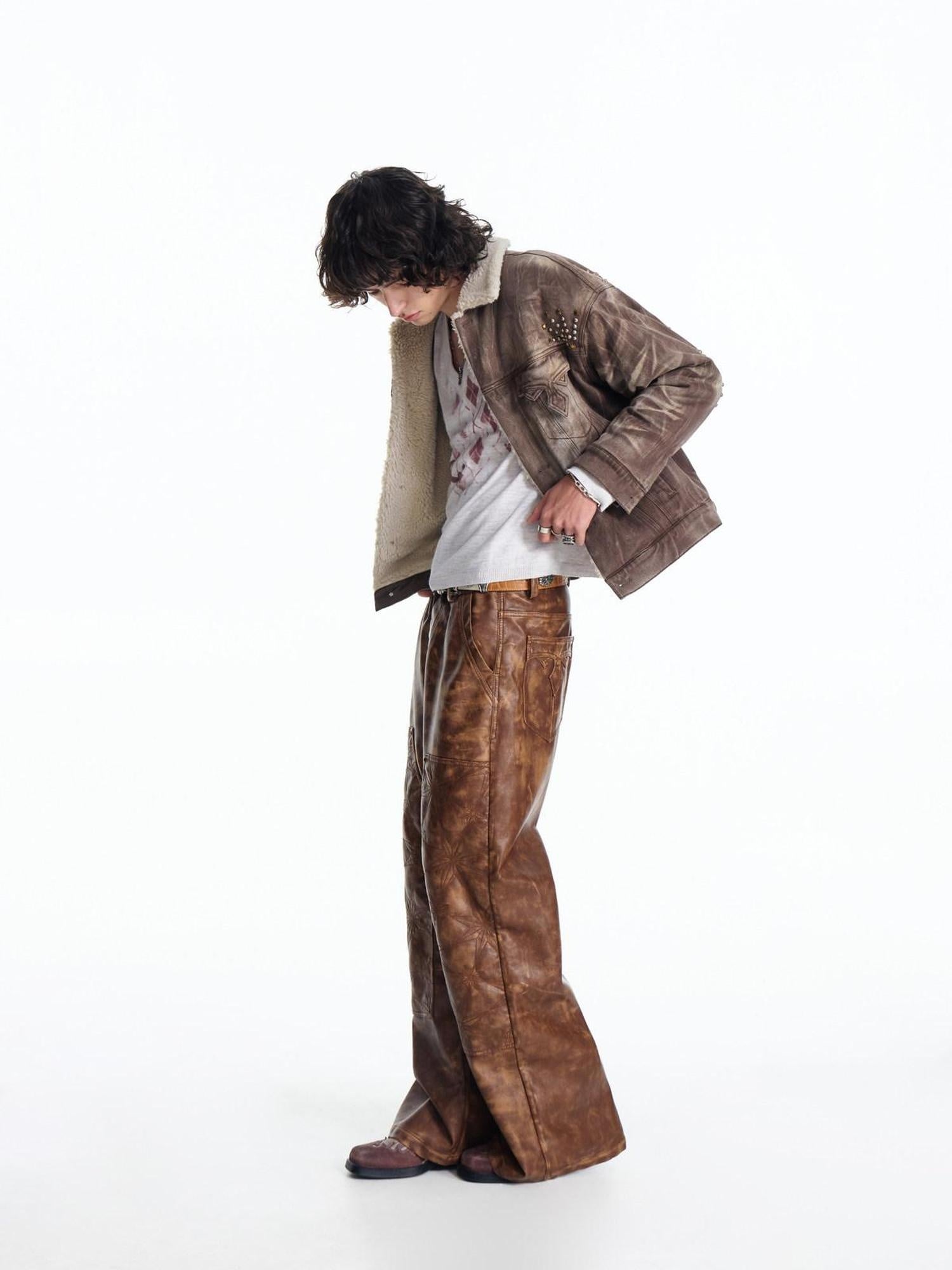 EMOBROTHER Durable Embroidered Gradient Wide Leg Urban Casual Youth Pu Leather Pants
