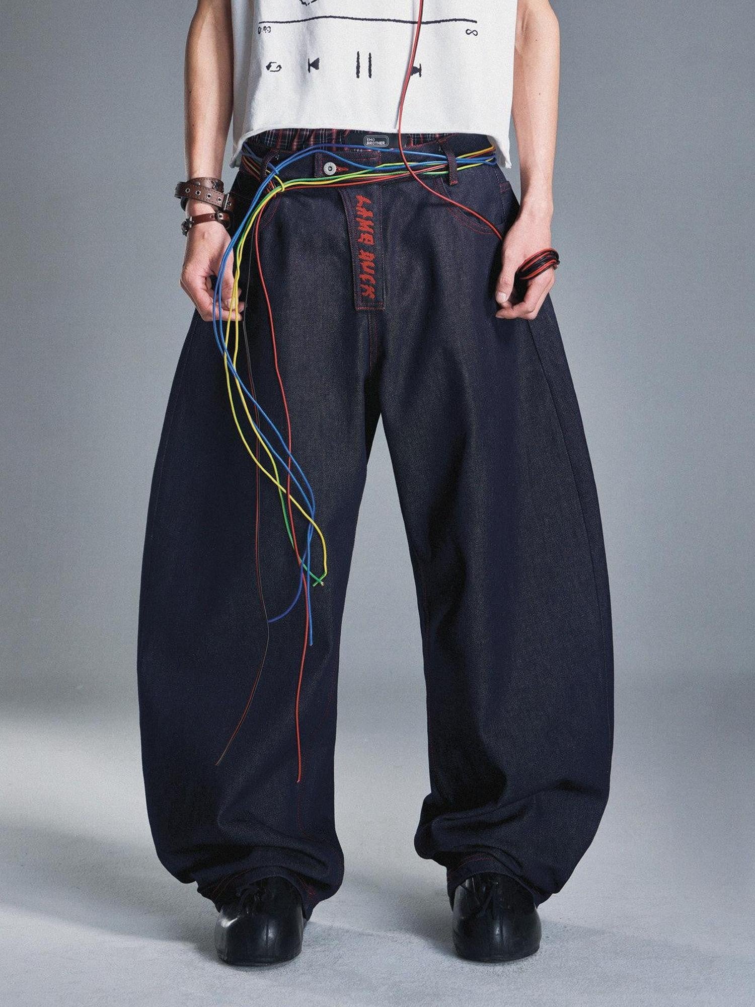 EMOBROTHER Embroidered Cotton Mid Rise Relaxed Fit Casual Blue Zip Fly Wide-Leg Jeans