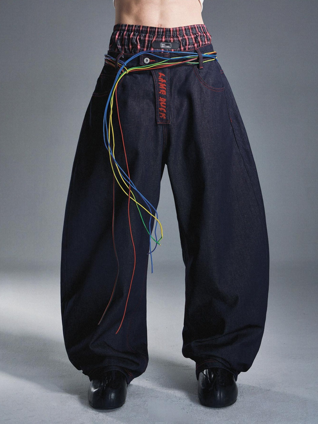 EMOBROTHER Embroidered Cotton Mid Rise Relaxed Fit Casual Blue Zip Fly Wide-Leg Jeans