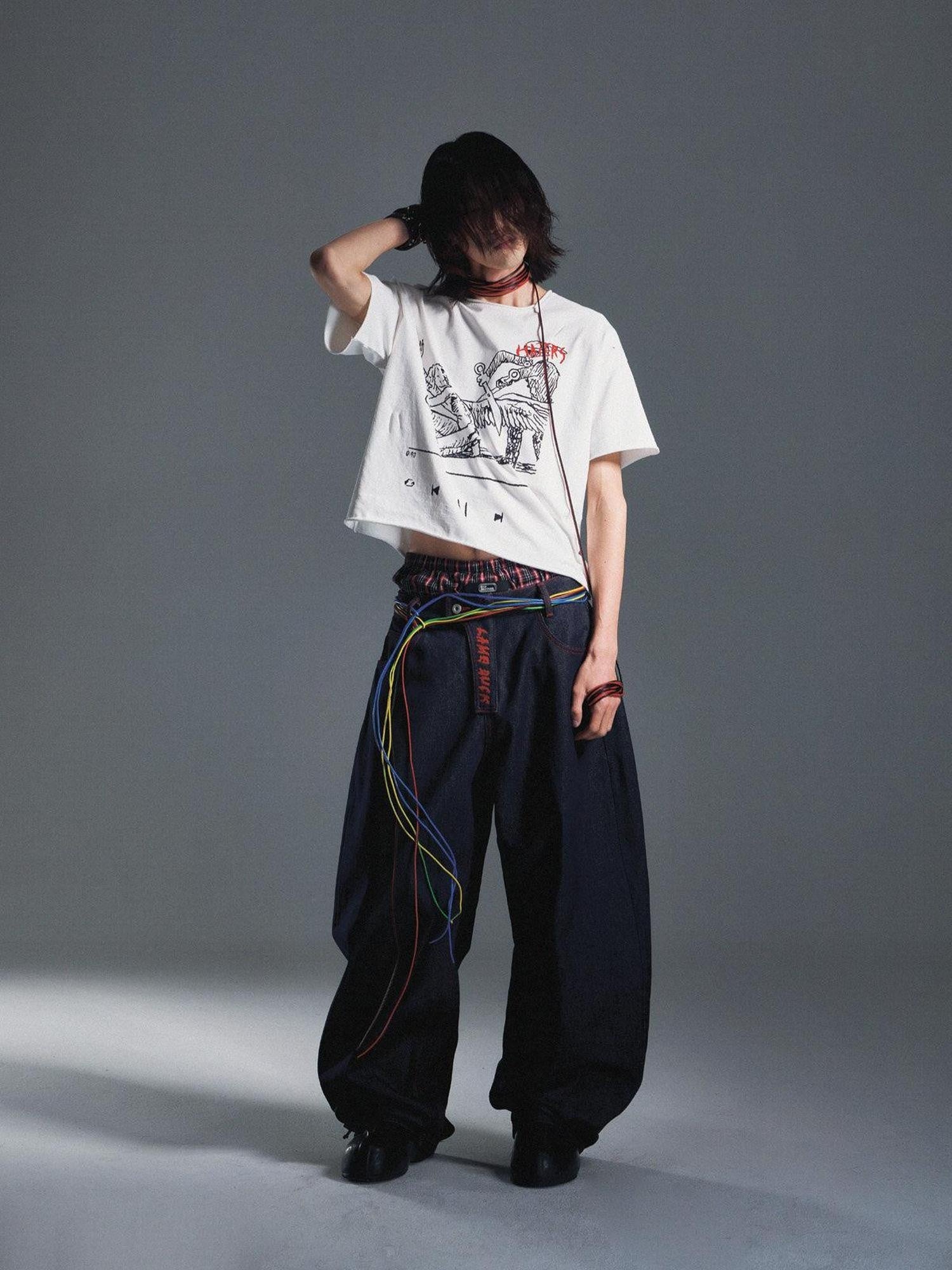 EMOBROTHER Embroidered Cotton Mid Rise Relaxed Fit Casual Blue Zip Fly Wide-Leg Jeans