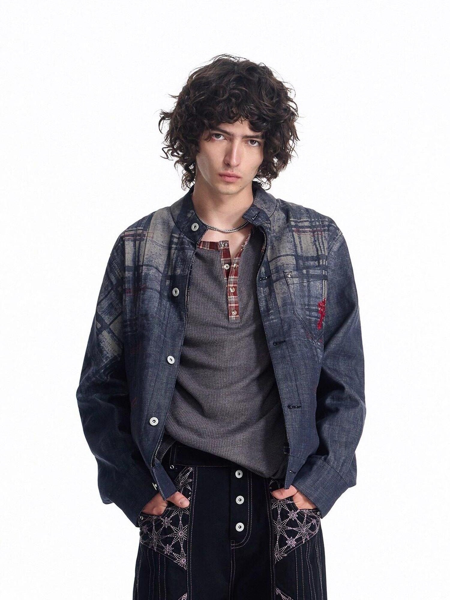 EMOBROTHER Embroidered Cotton Oversized Stand Collar Unisex Plaid Mid Length Denim Jackets