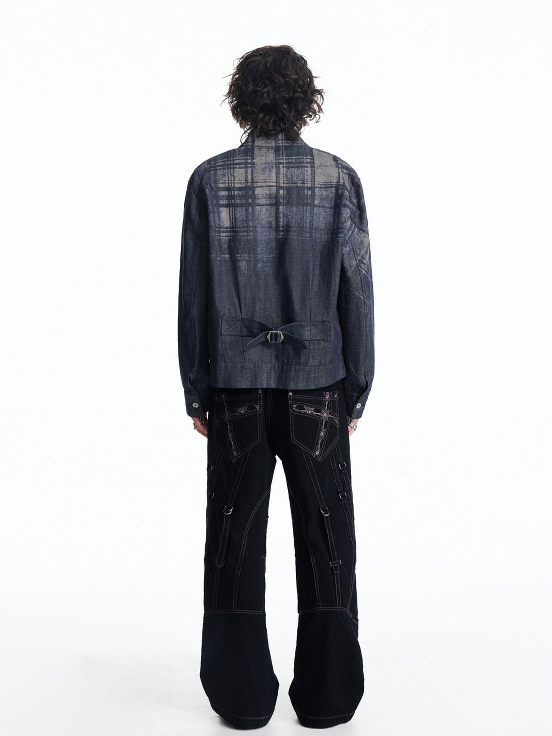 EMOBROTHER Embroidered Cotton Oversized Stand Collar Unisex Plaid Mid Length Denim Jackets