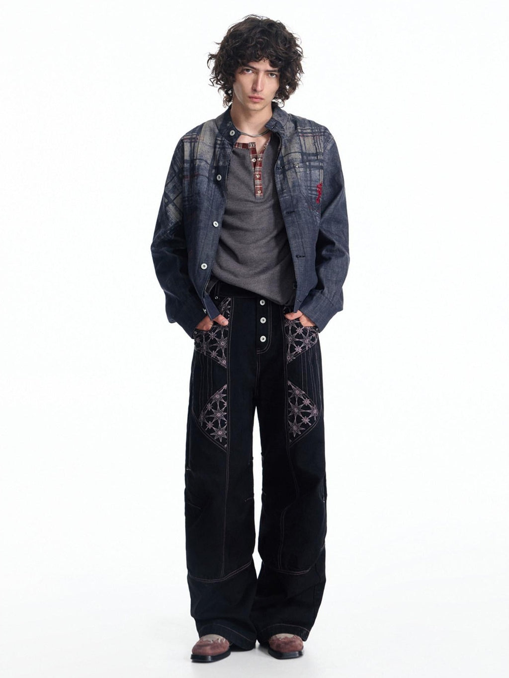 EMOBROTHER Embroidered Cotton Oversized Stand Collar Unisex Plaid Mid Length Denim Jackets