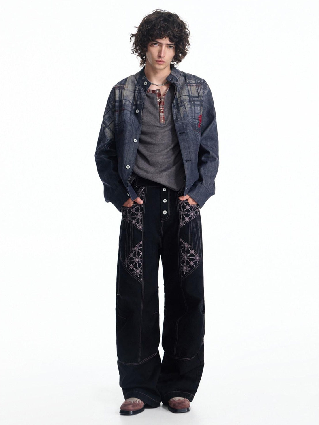 EMOBROTHER Embroidered Cotton Oversized Stand Collar Unisex Plaid Mid Length Denim Jackets