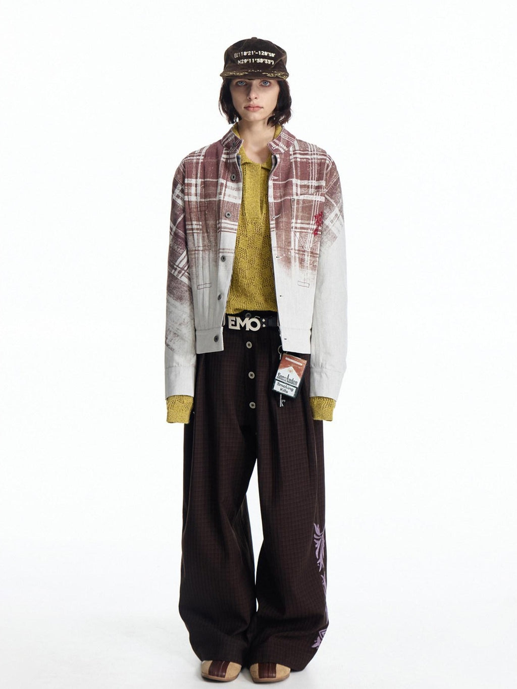 EMOBROTHER Embroidered Cotton Oversized Stand Collar Unisex Plaid Mid Length Denim Jackets