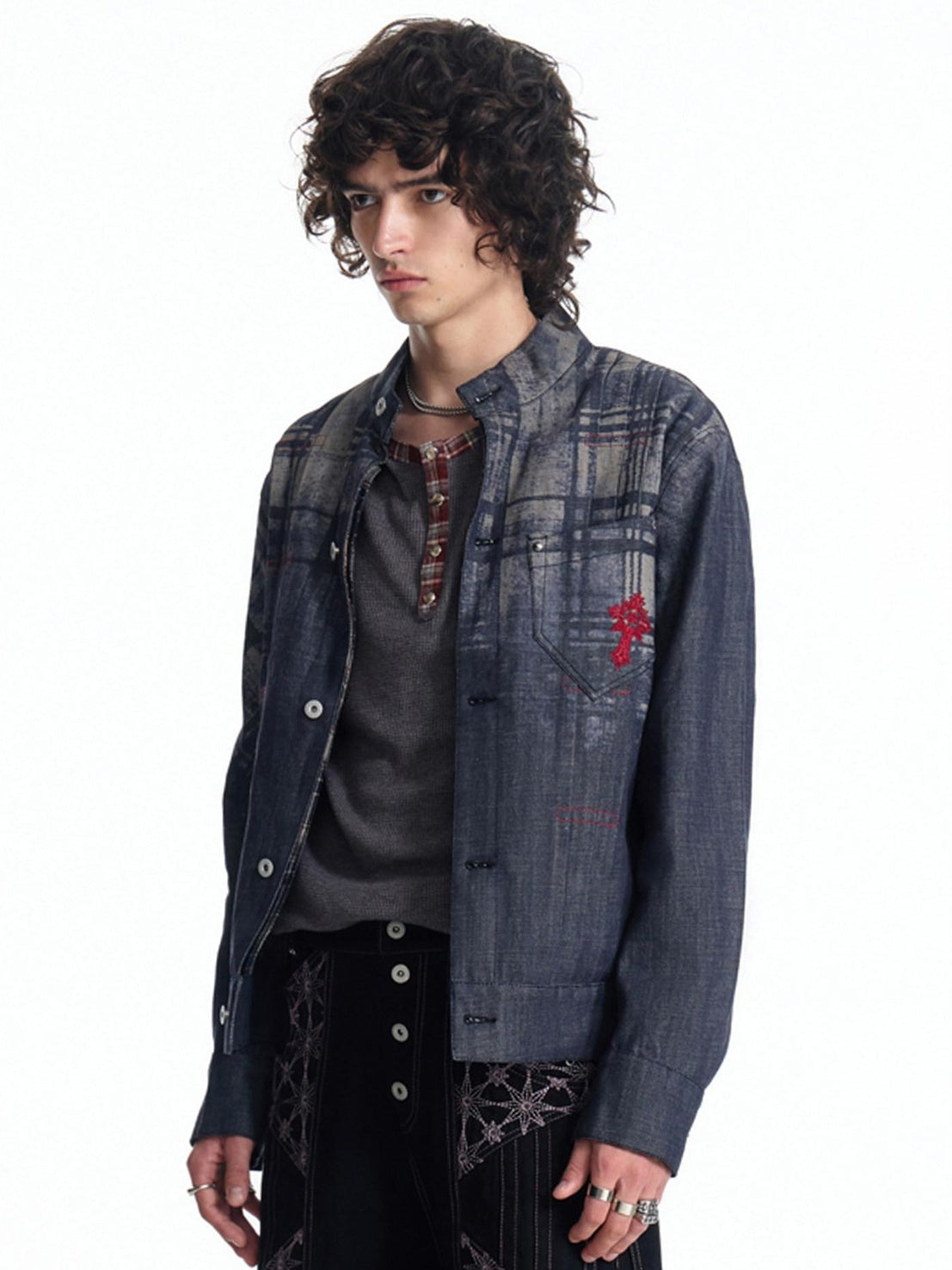 EMOBROTHER Embroidered Cotton Oversized Stand Collar Unisex Plaid Mid Length Denim Jackets