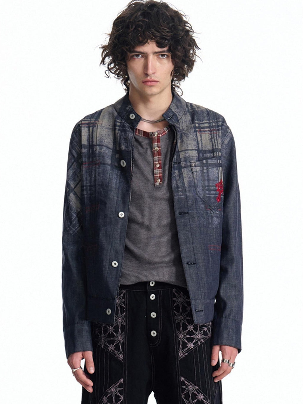 EMOBROTHER Embroidered Cotton Oversized Stand Collar Unisex Plaid Mid Length Denim Jackets
