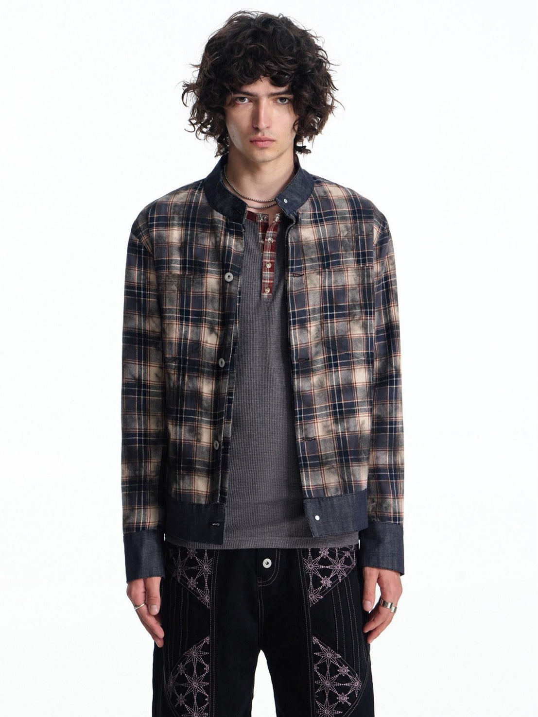 EMOBROTHER Embroidered Cotton Oversized Stand Collar Unisex Plaid Mid Length Denim Jackets