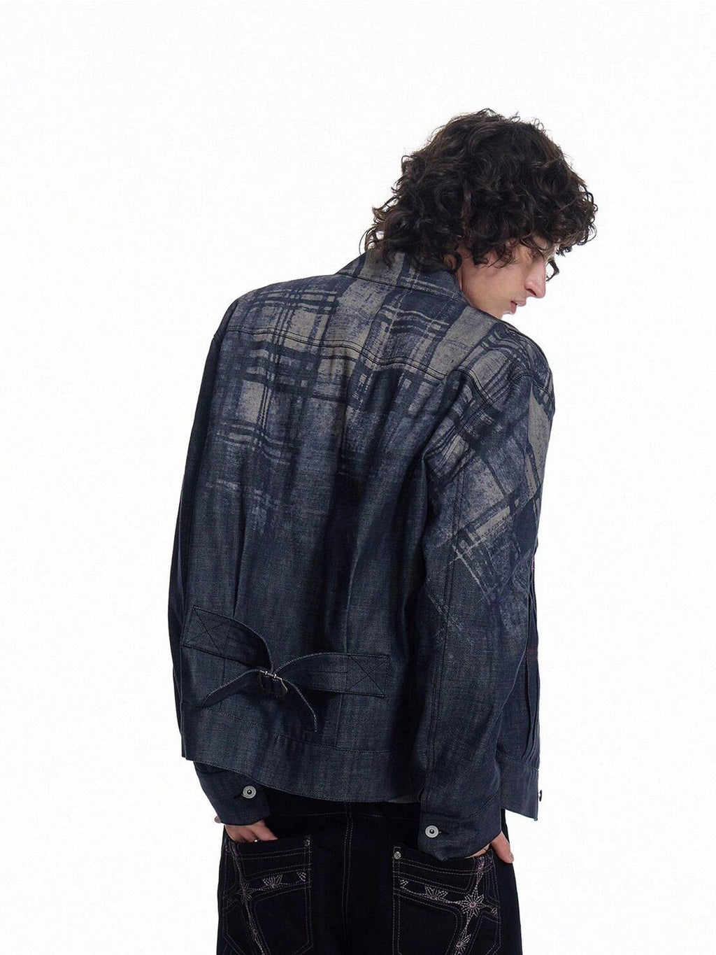 EMOBROTHER Embroidered Cotton Oversized Stand Collar Unisex Plaid Mid Length Denim Jackets