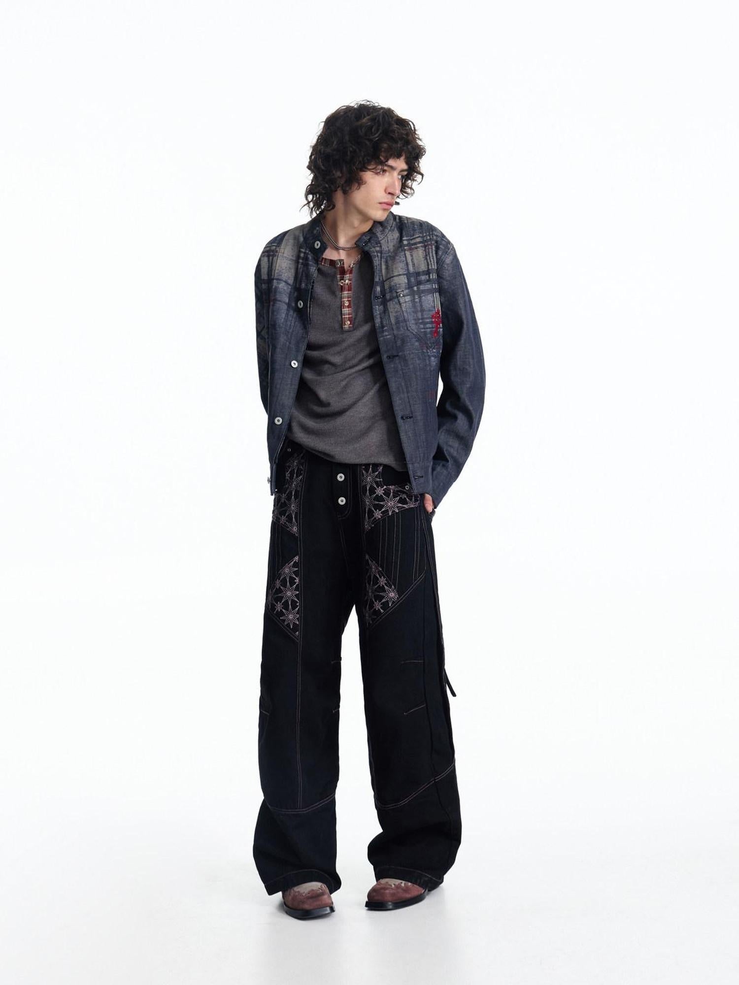 EMOBROTHER Embroidered Cotton Oversized Stand Collar Unisex Plaid Mid Length Denim Jackets