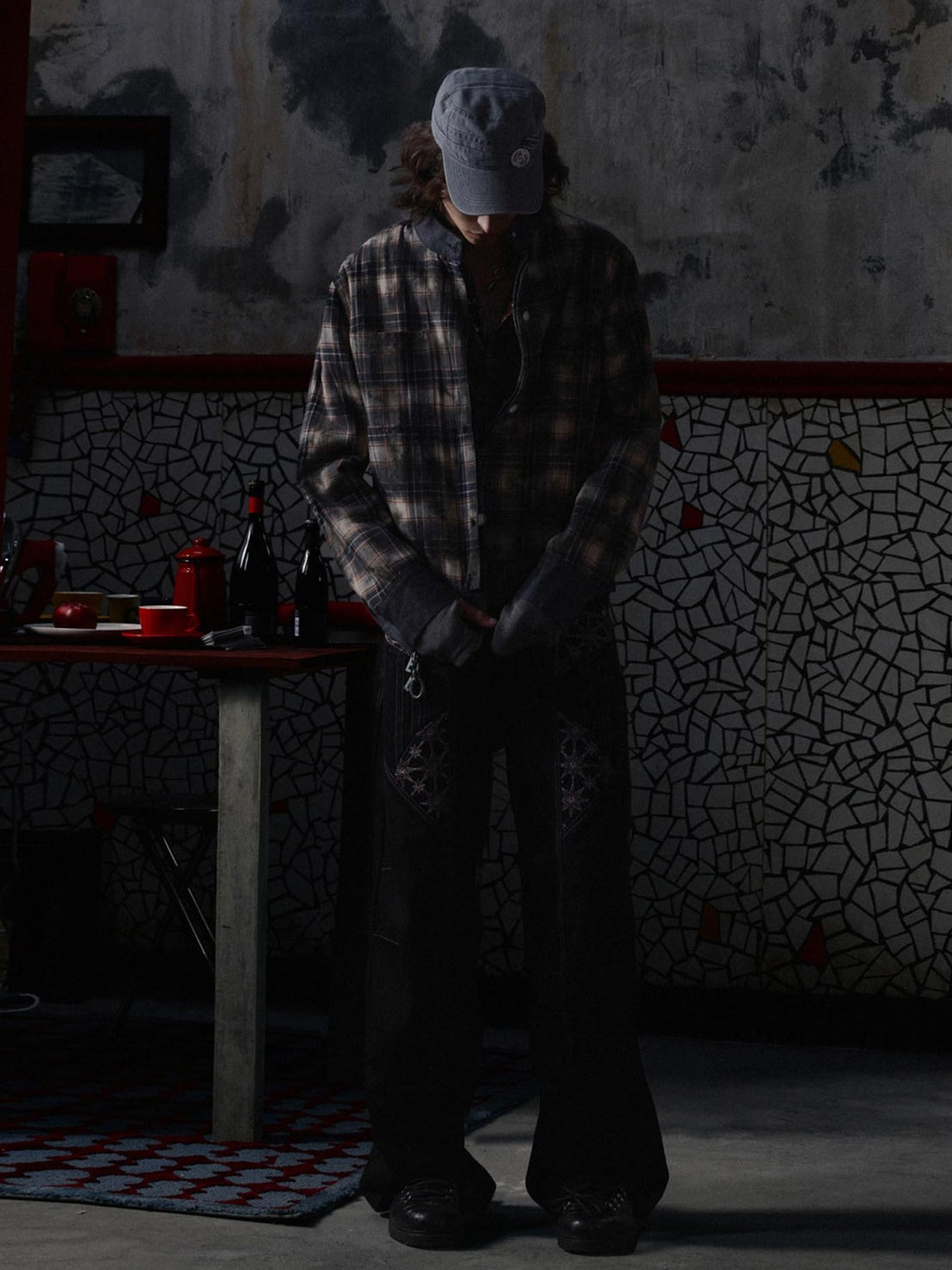 EMOBROTHER Embroidered Cotton Oversized Stand Collar Unisex Plaid Mid Length Denim Jackets
