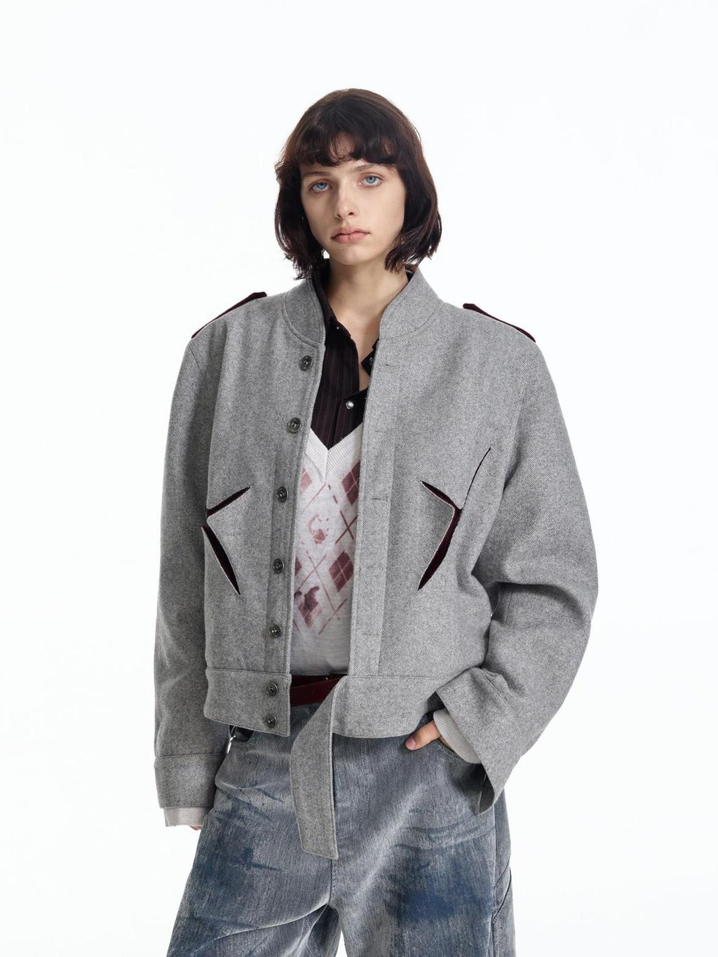 EMOBROTHER Embroidered Deconstructed Cropped Wool Women's Jackets